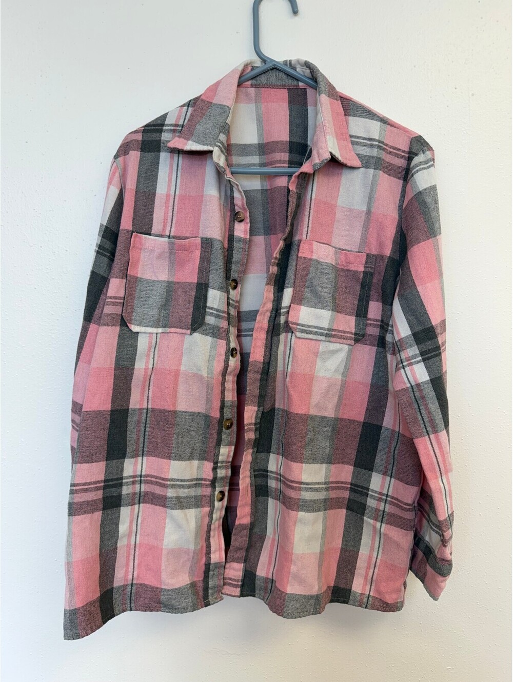 Pink and Gray Plaid Button-Up Shirt XL